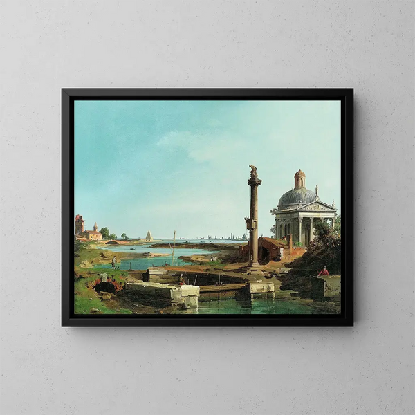 Un verrou, une colonne et une église au bord d'une laguny - Canaletto — oprawiony obraz na ścianie
