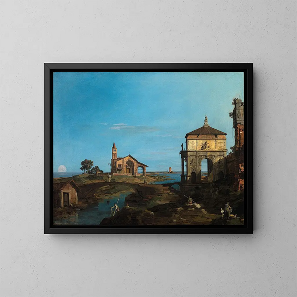Wyspa na lagunie z drzwiami i kościołem - Canaletto — oprawiony obraz na ścianie
