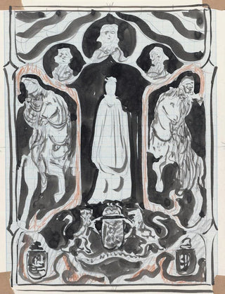 Carel Adolph Lion Cachet - Ontwerp met staande vrouw met ruiters aan weerszijden.webp