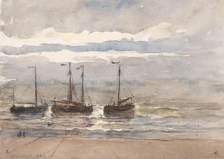 Carel Nicolaas Storm van sGravesande - Vissersschepen op het strand van Katwijk bij opkomende vloed.webp