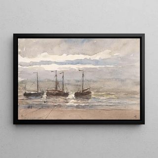 Carel Nicolaas Storm van sGravesande - Vissersschepen op het strand van Katwijk bij opkomende vloed.webp