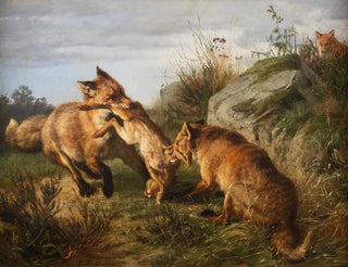 Carl Friedrich Deiker - Two foxes fighting for their prey.webp