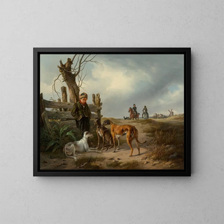 Carl Friedrich Schulz - Young boy resting beside a fence with hunting dogs.webp