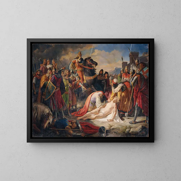 Karola I Anjou przy ciele Manfreda po bitwie pod Benevento 26 lutego 1266 - Carl Rahl — oprawiony obraz na ścianie