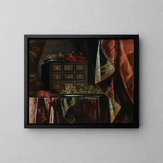 Carlo Manieri - STILL LIFE OF A CHEST FRUIT AND OTHER OBJECTS ON A BROCADE DRAPED TABLE.webp