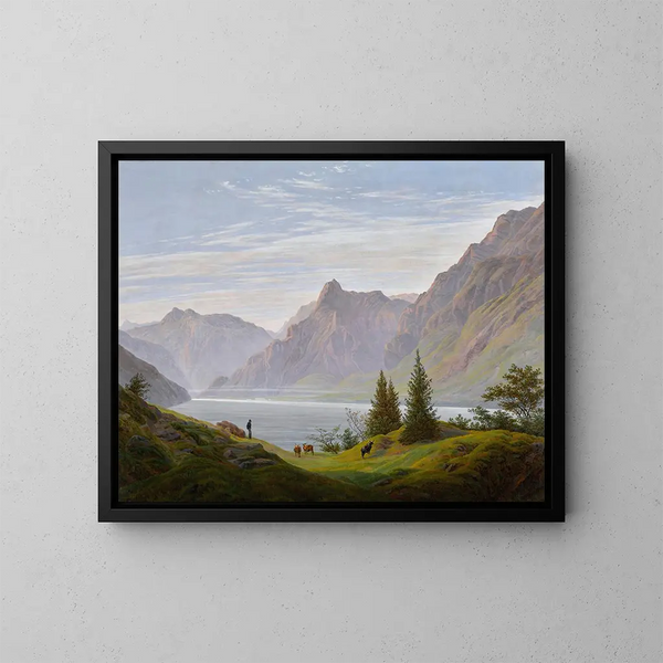 pejzaż z górskim jeziorem o poranku - Caspar David Friedrich — oprawiony obraz na ścianie