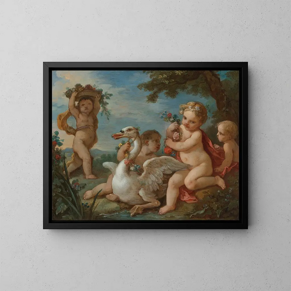 Putti ozdabiający łabędzia girlandą kwiatów - Charles-Joseph Natoire — oprawiony obraz na ścianie
