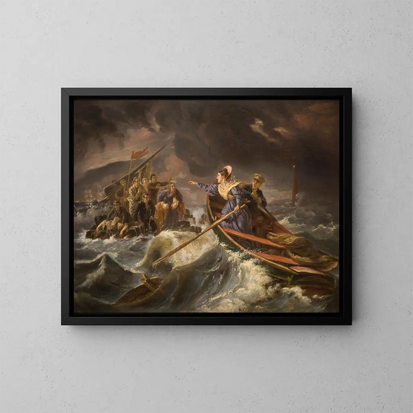 Grace Darling i jej ojciec ratujący ocalałych z katastrofy statku Forfarshire na wyspach Farne, 7 września 1838 - Charles Achille d'Hardiviller — oprawiony obraz na ścianie