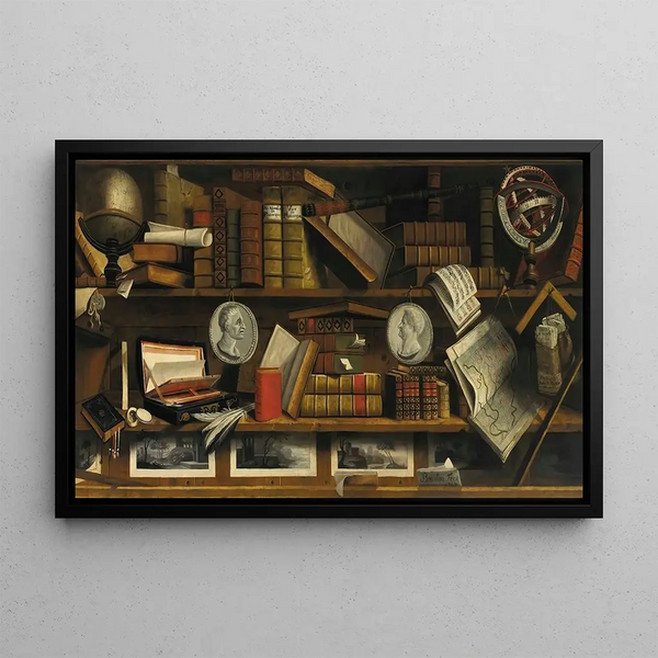 Charles Bouillon - A trompe loeil of a collectors study with engravings drawings letters and books.webp