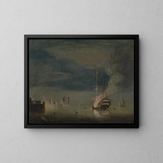 Charles Brooking - A TwoDecker on Fire at Night off a Fort.webp