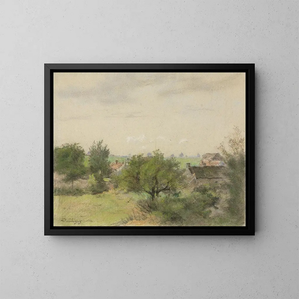 pejzaż z domami między drzewami - Charles François Daubigny — oprawiony obraz na ścianie
