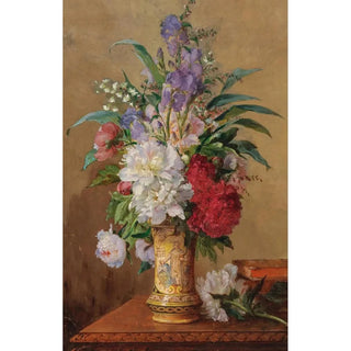 Charles Philipard - A Lavish Bouquet of Flowers with Peonies in a Vase with the Image of a Saint.webp