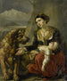 Pies Saint-Bernard pomaga zagubionej kobiecie z chorym dzieckiem - Charles Picqué — widok dzieła