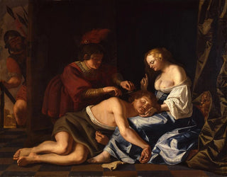 Christiaen van Couwenbergh - While Samson sleeps in Delilahs lap a Filistine cuts off his hair Judges 1619.webp