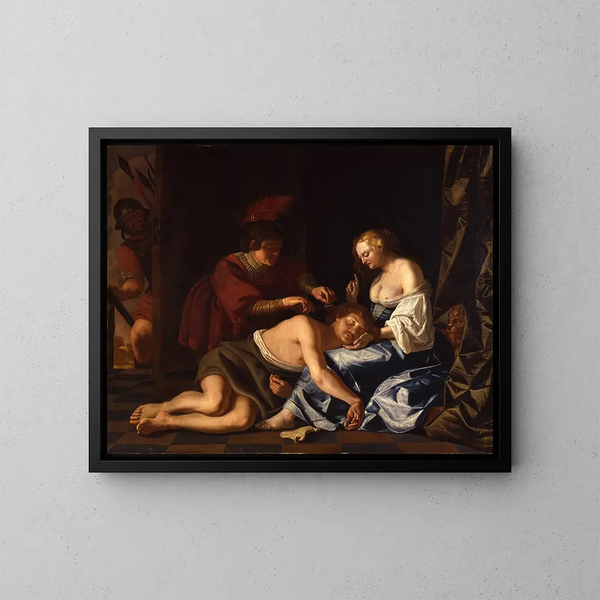 Pendant que Samson dort sur les genoux de Dalila, un Philistin lui coupe les cheveux. - Christiaen van Couwenbergh — oprawiony obraz na ścianie