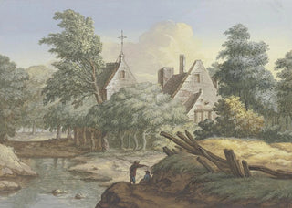 Christian Georg Schtz the Younger - Drfchen zwischen Bumen an einem Bach im Vordergrund zwei Figuren.webp