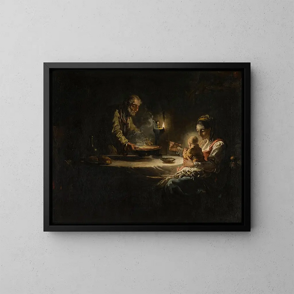 Scena wewnętrzna z Świętą Rodziną przy stole - Krąg Jean-Honoré Fragonard — oprawiony obraz na ścianie