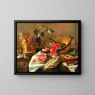 Circle of Frans Ykens - Still life with fruit in a copper vessel fish and game.webp