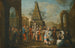 scena uliczna z artystami Commedia dell'arte i muzykami zgromadzonymi wokół dwóch marionetek, obelisk w tle - Krąg Marco Marcola — widok dzieła