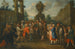 Scena uliczna z artystami Commedia dell'arte zgromadzonymi wokół małpy, urna w tle - Krąg Marco Marcola — widok dzieła