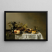 Brzoskwinie na srebrnym półmisku, tarta owocowa, mała bułka, grawerowany roemer i srebrny ekspres do kawy na częściowo nakrytym stole - Krąg Pieter Claesz — oprawiony obraz na ścianie