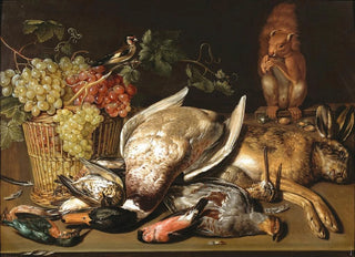 Clara Peeters - A basket of red and green grapes a goldfinch game and a squirrel on a wooden table.webp