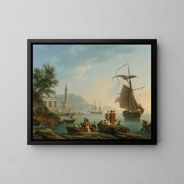 Port Morza Śródziemnego o zachodzie słońca z rybakami nad brzegiem, latarnią morską i statkiem wojennym zakotwiczonym w zatoce - Claude-Joseph Vernet — oprawiony obraz na ścianie