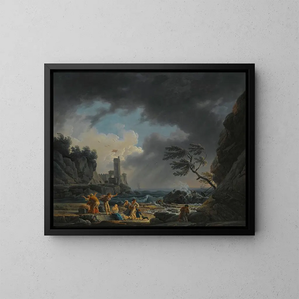 Burzowa scena nadmorska z postaciami na plaży, które uciekły z katastrofy morskiej - Claude-Joseph Vernet — oprawiony obraz na ścianie