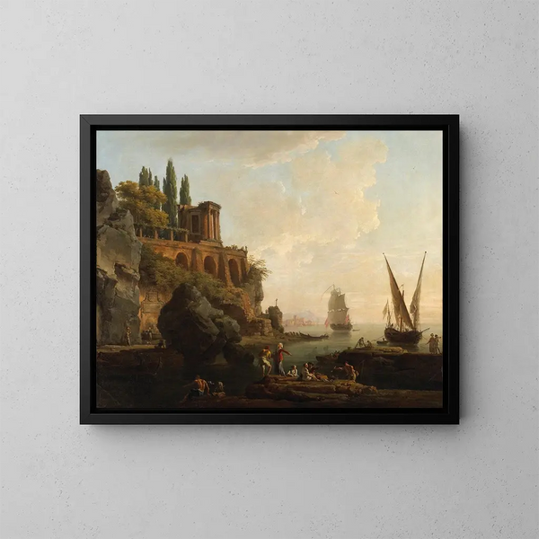 wyimaginowanego krajobrazu, scena portu włoskiego - Claude-Joseph Vernet — oprawiony obraz na ścianie