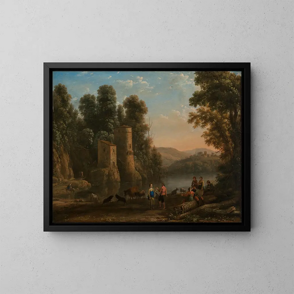 pejzaż z pasterzami. Taniec nad brzegiem wody - Claude Lorrain — oprawiony obraz na ścianie