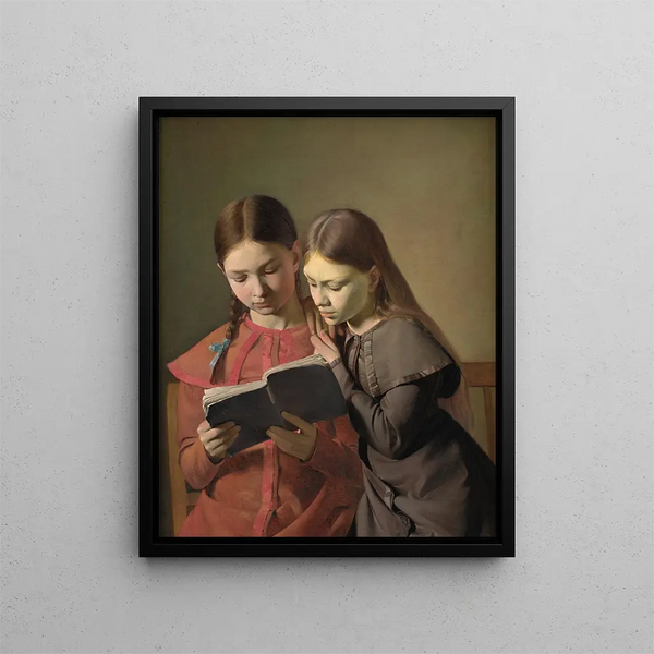 Les sœurs artistes Signe et Henriette lisant un livre - Constantin Hansen — oprawiony obraz na ścianie