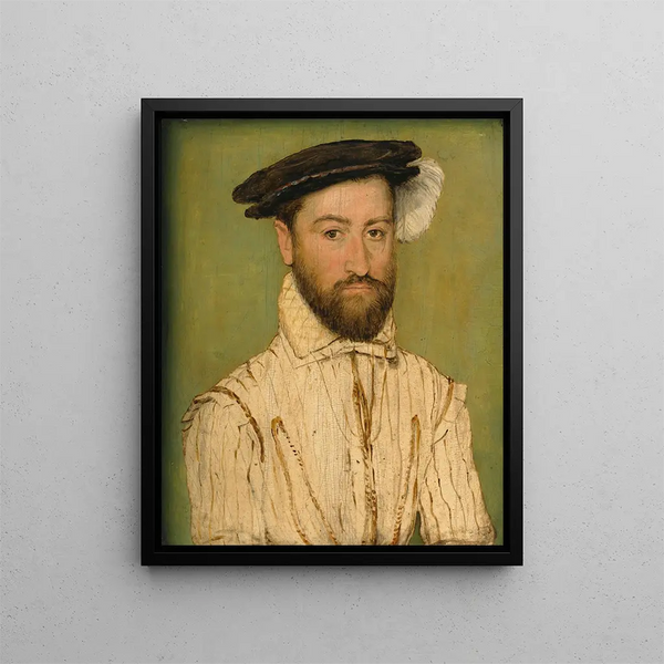 Portret brodatego dżentelmena w czarnym beret i białym upierzeniu - Corneille de Lyon — oprawiony obraz na ścianie