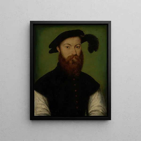 Portret mężczyzny w kapeluszu z czarnymi piórami - Corneille de Lyon — oprawiony obraz na ścianie