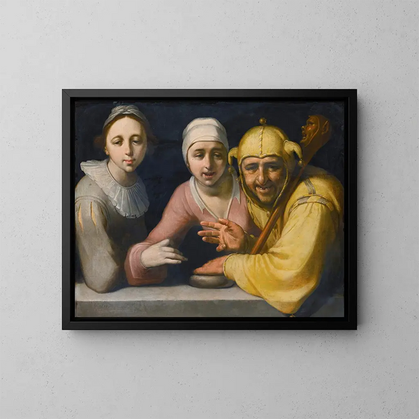 Szalony z dwiema kobietami - Cornelis Cornelisz van Haarlem — oprawiony obraz na ścianie