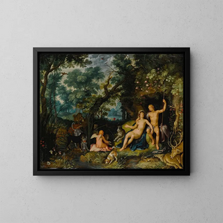 Wenus i Adonisa odpoczywających na rozległym krajobrazie z Amorem, psami myśliwskimi i ich zdobyczą - Cornelis Cornelisz van Haarlem — oprawiony obraz na ścianie