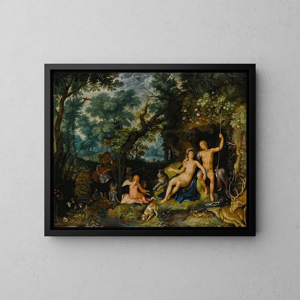 Wenus i Adonisa odpoczywających na rozległym krajobrazie z Amorem, psami myśliwskimi i ich zdobyczą - Cornelis Cornelisz van Haarlem — oprawiony obraz na ścianie