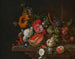 Melon, brzoskwinie, winogrona, nashi, słoneczniki, róże, piwonie i inne kwiaty z motylami i innymi owadami na kamiennym parapecie - Cornelis de Heem — widok dzieła