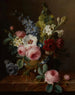 Martwa natura kwiatów w wazonie na marmurowym parapecie z różami, hibiskusem, dzwonkami, trąbkami różowymi i anemonami - Cornelis van Spaendonck — widok dzieła