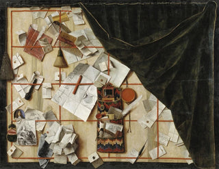 trompe-l'œil portatelettes z proklamacją Christiana V - Cornelius Norbertus Gijsbrechts — widok dzieła