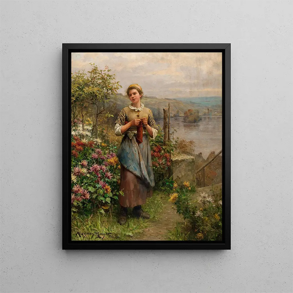 Młoda kobieta dziergająca - Daniel Ridgway Knight — oprawiony obraz na ścianie