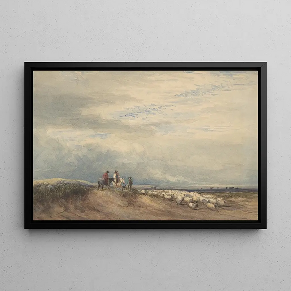 Jeźdźcy z owcami w pobliżu ujścia rzeki - David Cox — oprawiony obraz na ścianie