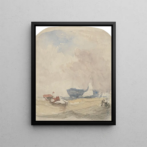 Studium morza z żaglowcem i łodzią wiosłową Hulk - David Cox — oprawiony obraz na ścianie