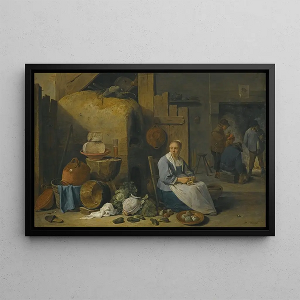 Wnętrza stodoły z służącą przygotowującą warzywa - David Teniers młodszy — oprawiony obraz na ścianie