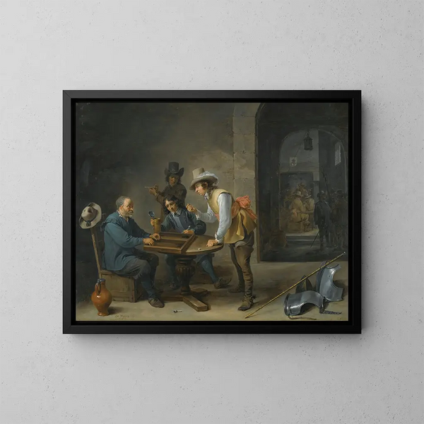 Scena straży z graczami trictrac na pierwszym planie - David Teniers młodszy — oprawiony obraz na ścianie
