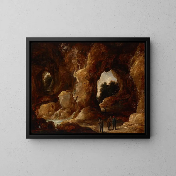 Jaskinia z postaciami, jeleniem i czaplą - David Teniers młodszy — oprawiony obraz na ścianie