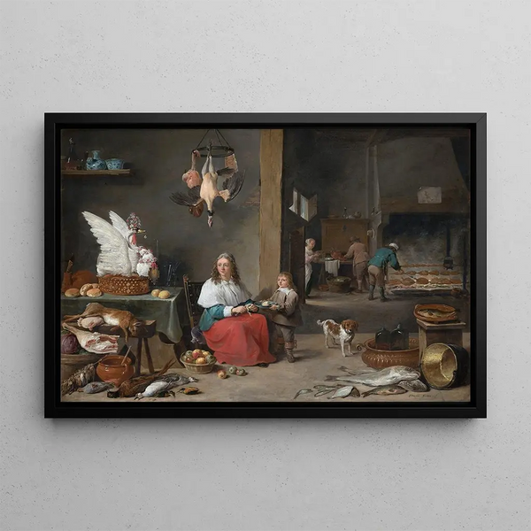 Wnętrze kuchni - David Teniers młodszy — oprawiony obraz na ścianie