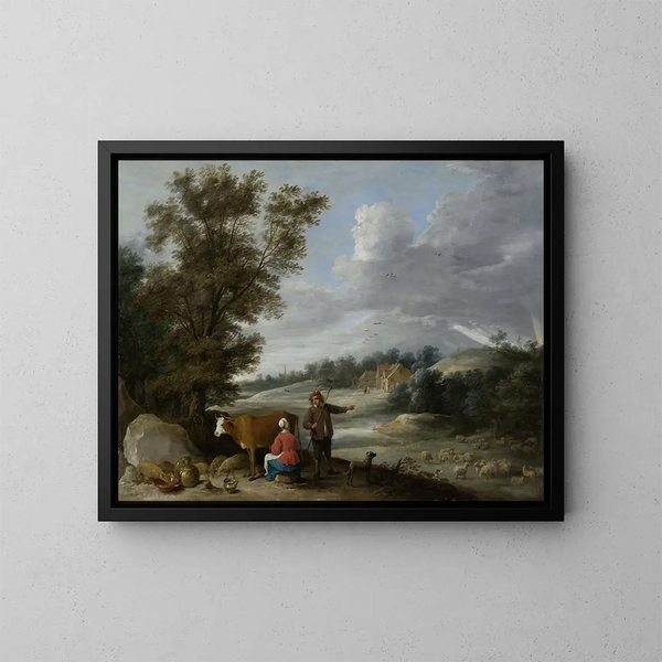 Pejzaż z mleczarką i pasterzem - David Teniers młodszy — oprawiony obraz na ścianie