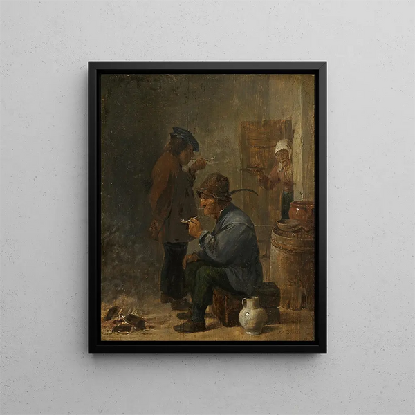 Dwóch rolników palących przy ogniu węglowym - David Teniers młodszy — oprawiony obraz na ścianie