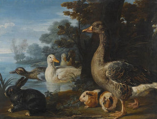 David de Coninck - A Cockerel Hens Doves And A Parrot In A formal Garden Setting.webp