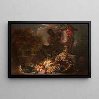 David de Coninck - A Still Life of Fruit on a Silver Dish with Figure Rabbits Parrot and Monkey Beneath a Broken Capital and an Ornamental Urn.webp